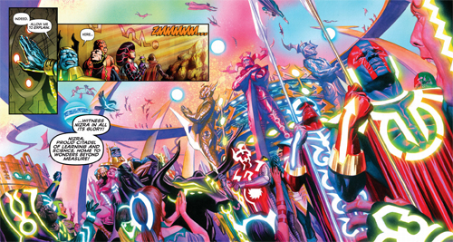 A beautifull two page spread by Alex Ross and Jack Herbert, from Kirby Genesis #3, published by Dynamite Entertainment.